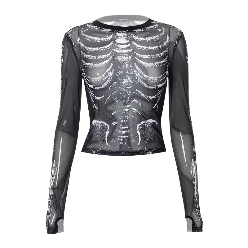 Gothic Skeleton Mesh Top – Long Sleeve Transparent Tee