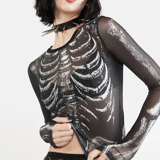 Gothic Skeleton Mesh Top – Long Sleeve Transparent Tee
