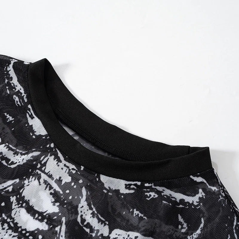 Gothic Skeleton Mesh Top – Long Sleeve Transparent Tee
