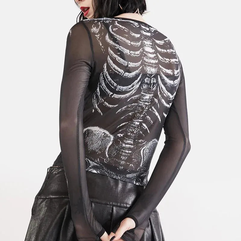 Gothic Skeleton Mesh Top – Long Sleeve Transparent Tee