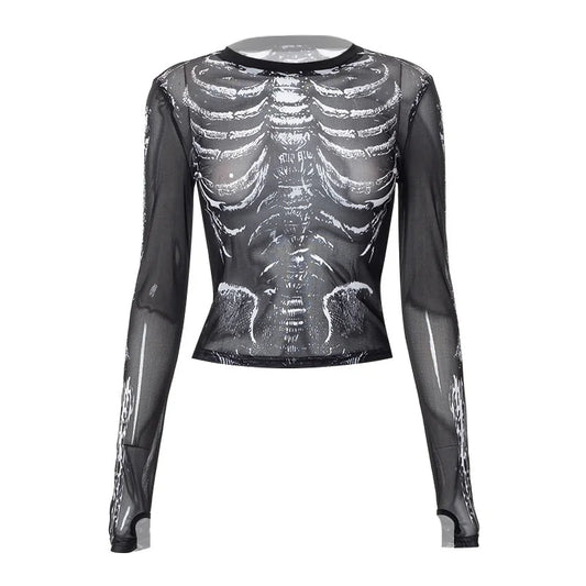 Gothic Skeleton Mesh Top – Long Sleeve Transparent Tee